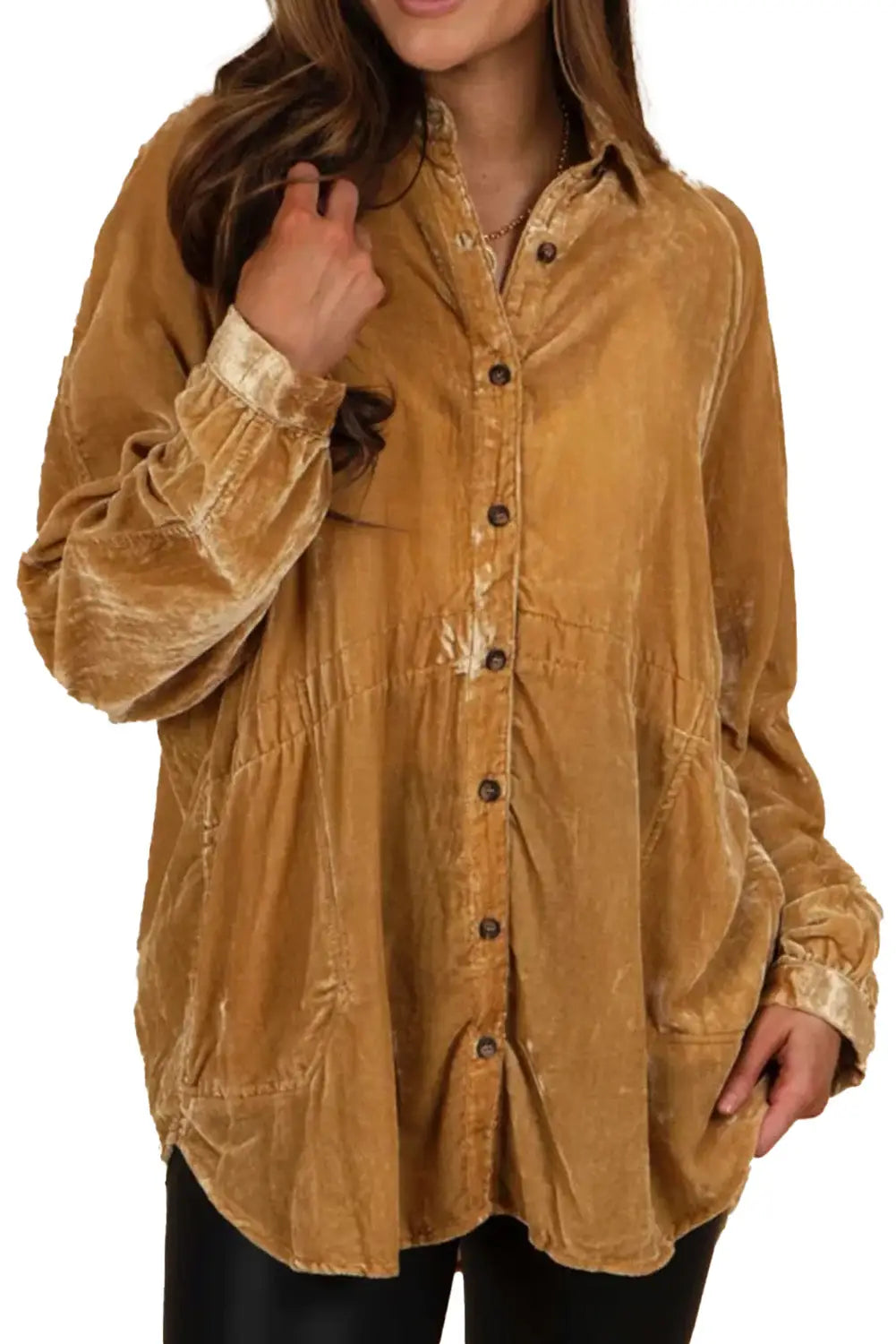 Gold Solid Color Button Up Loose Fit Velvet Shirt-3