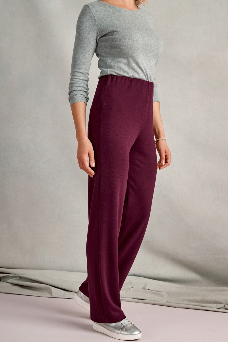 Lily Ella Collection elegant maroon palazzo pants paired with fitted grey three-quarter sleeve top, stylish comfortable women's wear, versatile outfit ideas.
