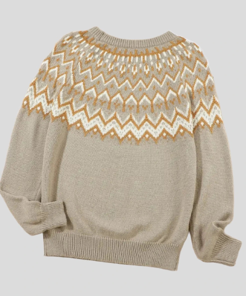 Gray Geometric Pattern Ribbed Round Neck Sweater-4