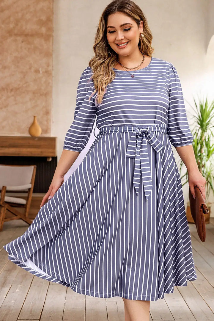 Gray Striped Tie Waist 3/4 Sleeve Plus Size Dress-0