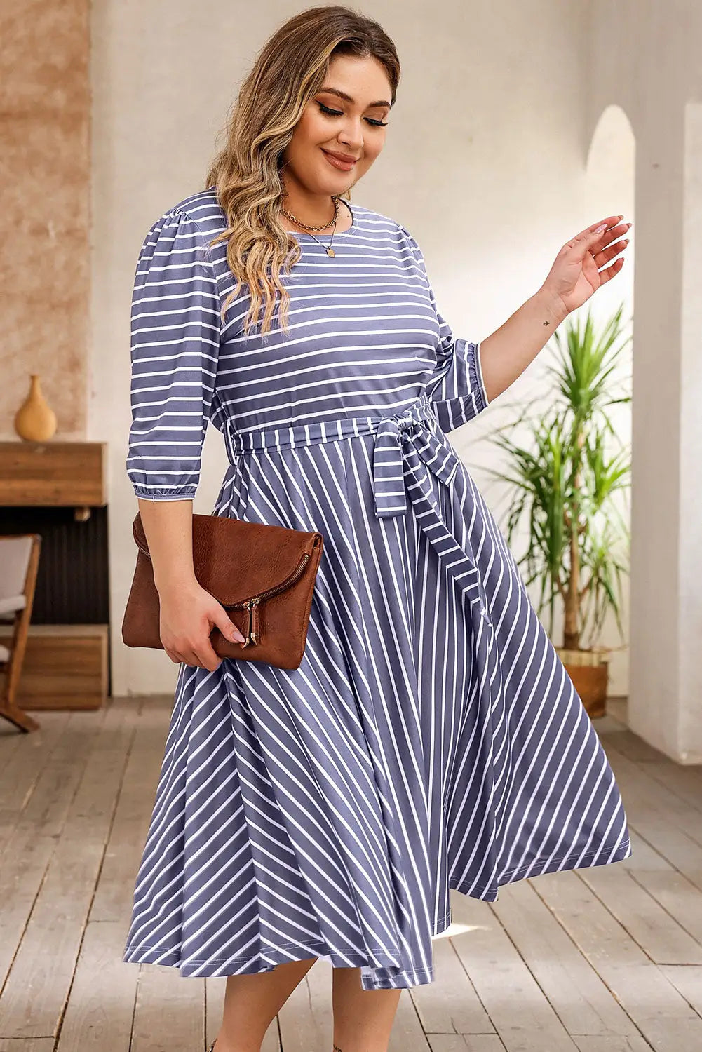 Gray Striped Tie Waist 3/4 Sleeve Plus Size Dress-2