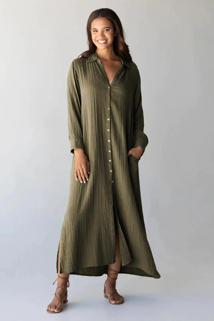 Green Crinkle Button Up Casual Split Shirt Maxi Dress-2