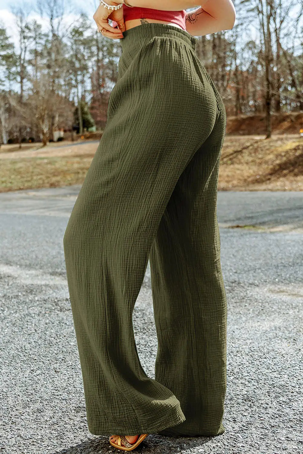 Green Crinkle Textured Wide Leg Pants-2