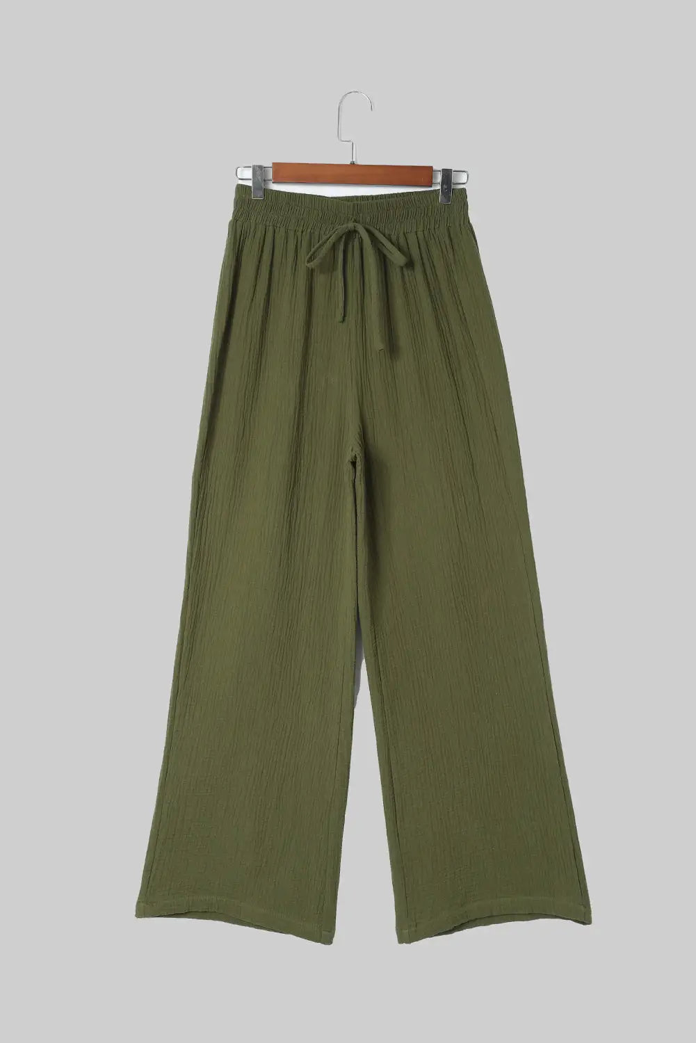 Green Crinkle Textured Wide Leg Pants-4