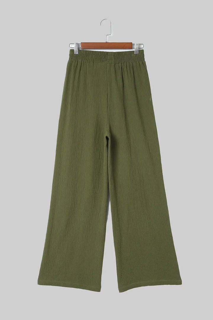 Green Crinkle Textured Wide Leg Pants-3