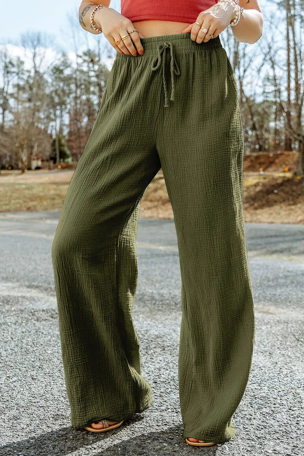 Green Crinkle Textured Wide Leg Pants-0