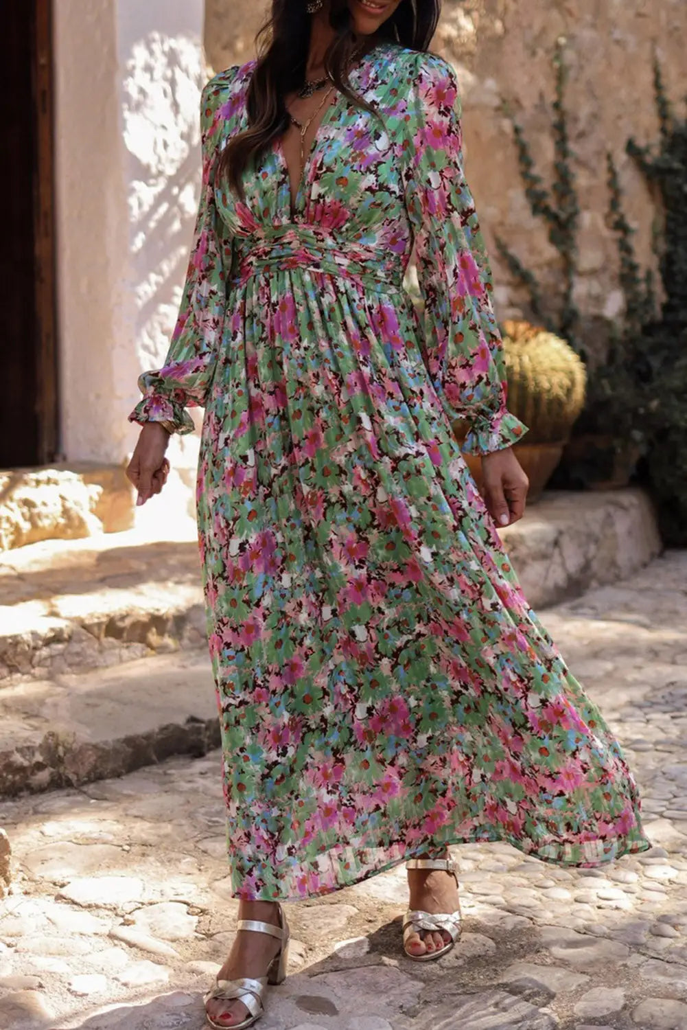 Green Floral Maxi Dress - Deep V Neck Ruched Cinched Waist-0