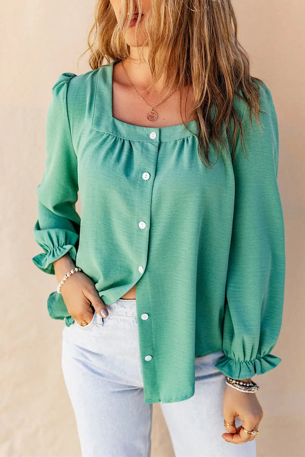Green Flounce Sleeve Square Neck Button-Up Shirt-0