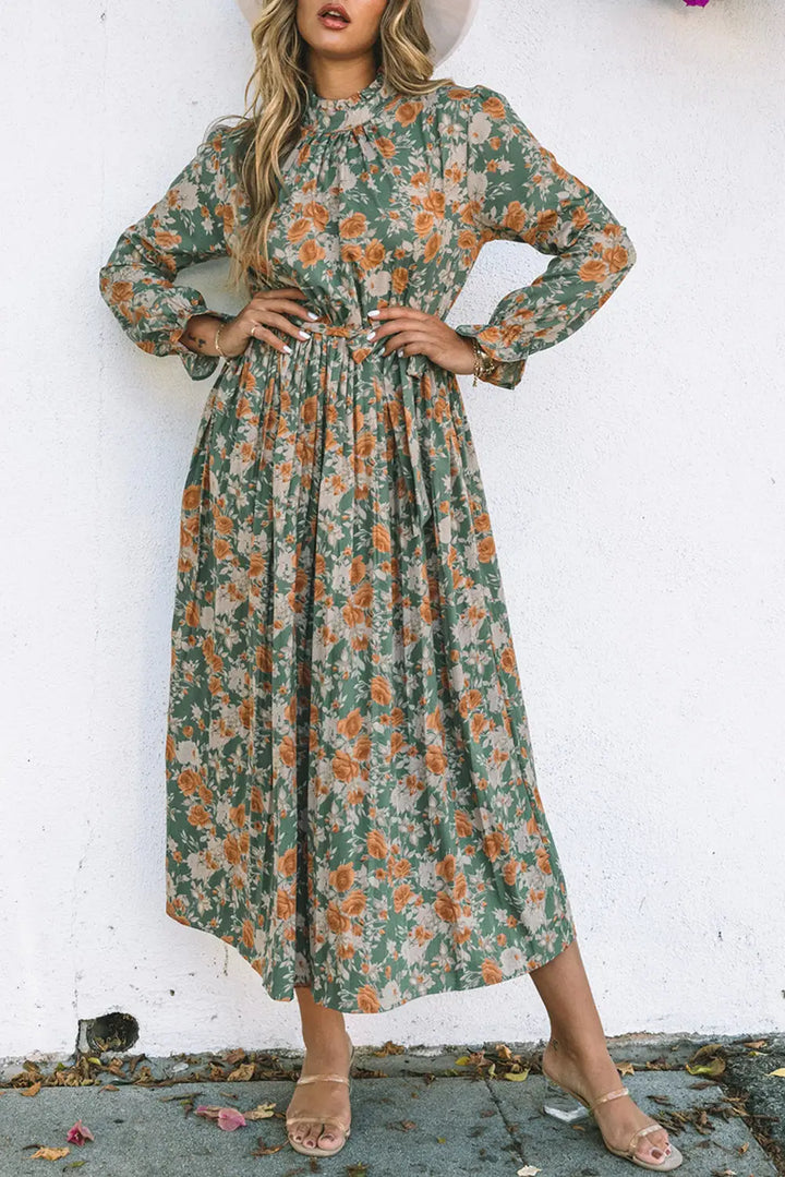 Green Pleated Long Sleeve Maxi Floral Dress with Tie-3