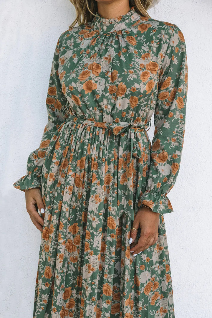 Green Pleated Long Sleeve Maxi Floral Dress with Tie-4