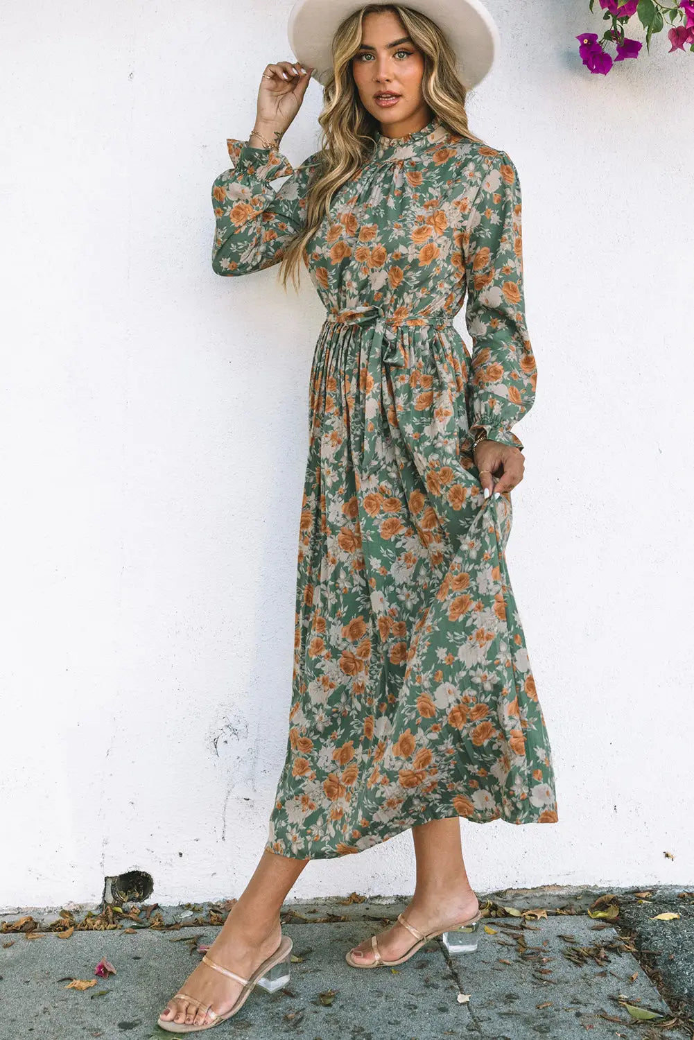 Green Pleated Long Sleeve Maxi Floral Dress with Tie-2