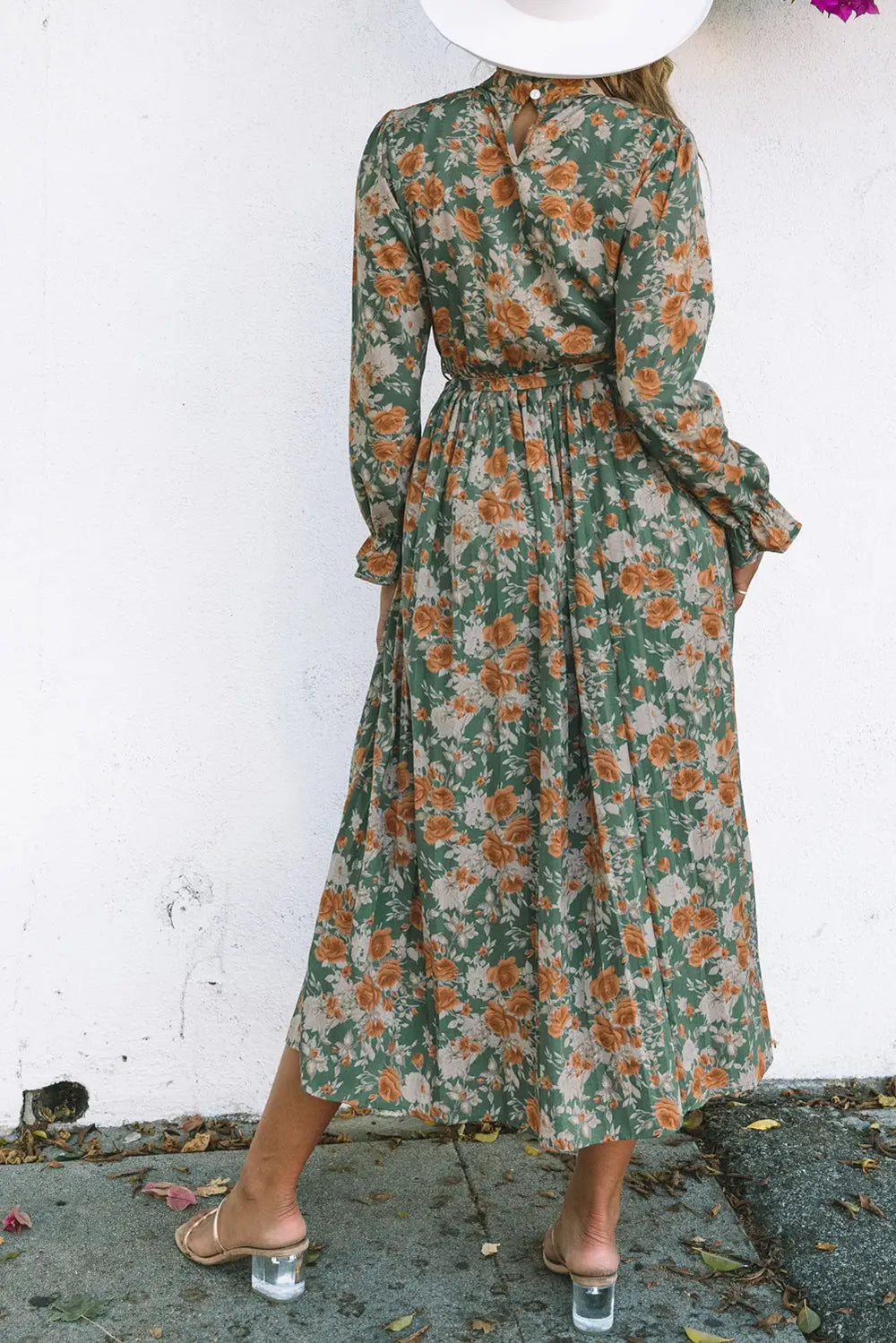 Green Pleated Long Sleeve Maxi Floral Dress with Tie-1