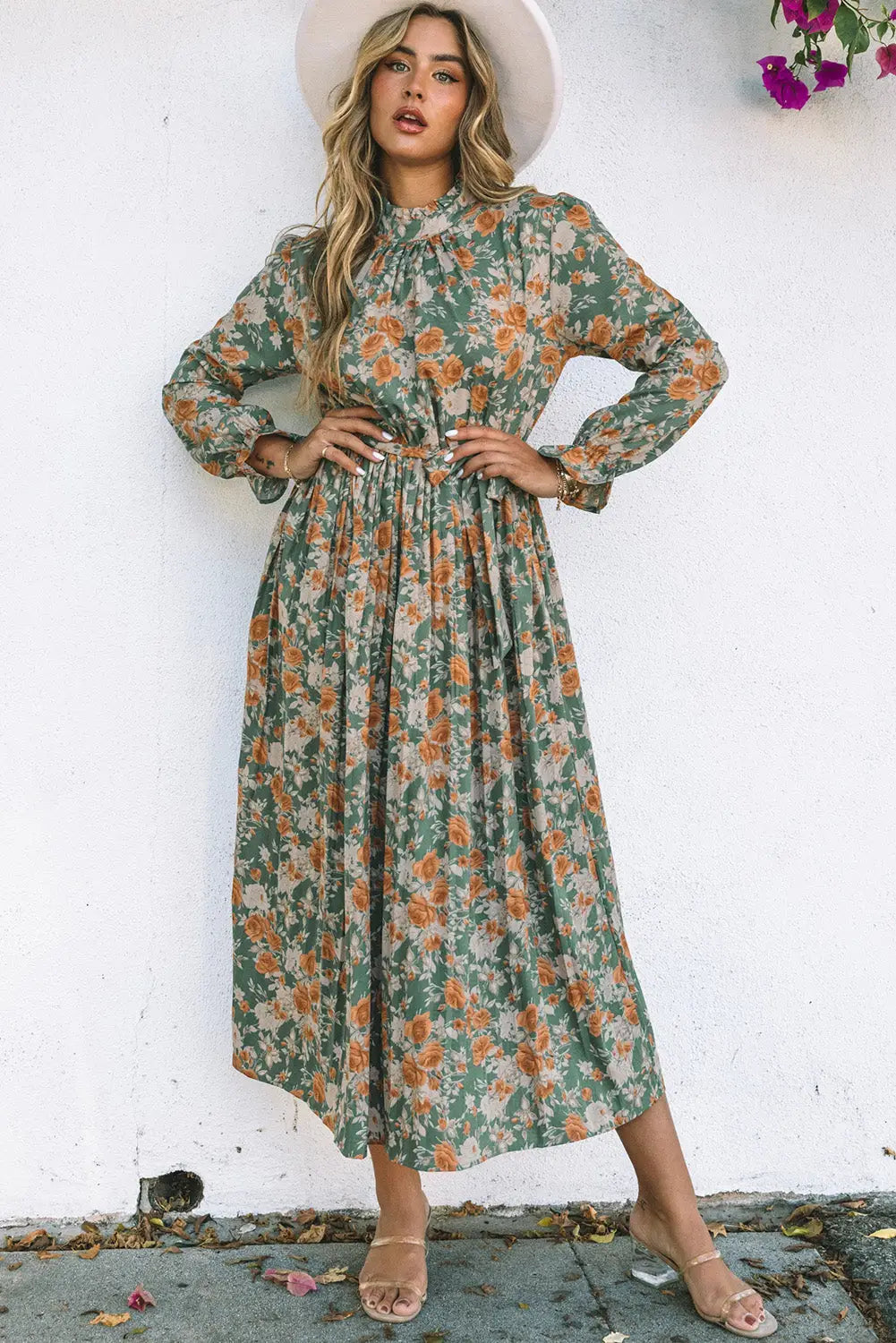 Green Pleated Long Sleeve Maxi Floral Dress with Tie-0