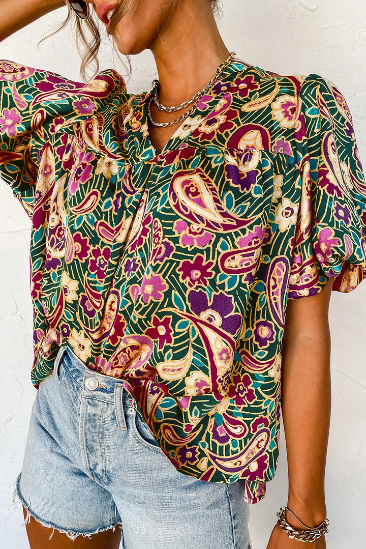 Green V Neck Short Bubble Sleeve Paisley Blouse-0