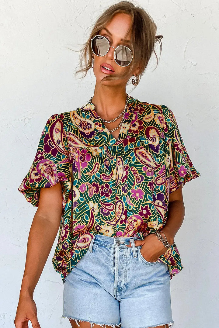 Green V Neck Short Bubble Sleeve Paisley Blouse-2