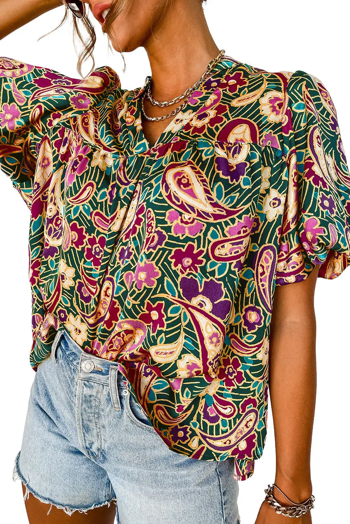 Green V Neck Short Bubble Sleeve Paisley Blouse-3