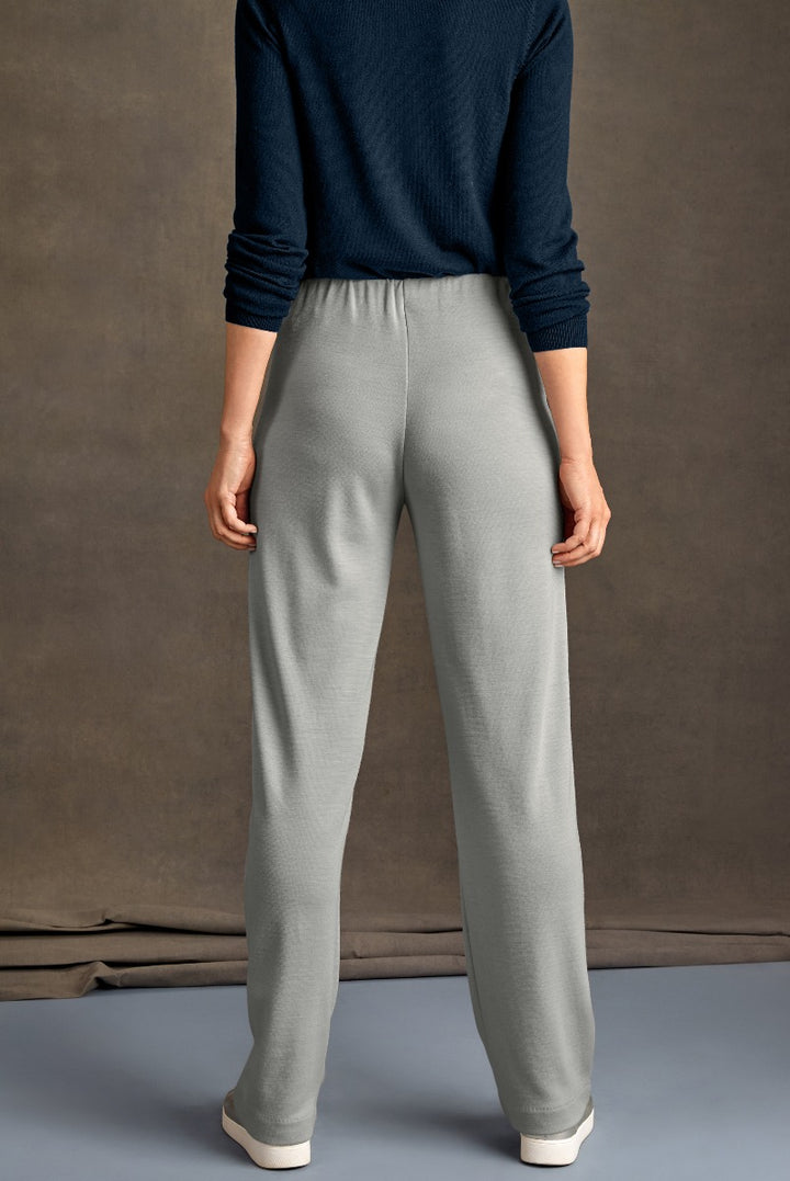 Lily Ella Collection women's light grey casual trousers, comfortable fit with elastic waist, paired with navy blue sweater, stylish everyday wear