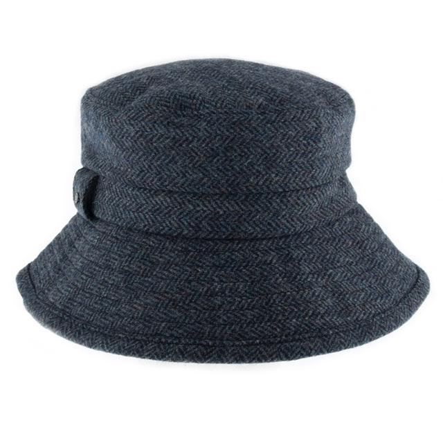 Lily Ella Collection navy blue herringbone bucket hat, stylish women's headwear, classic design, textured wool blend accessory