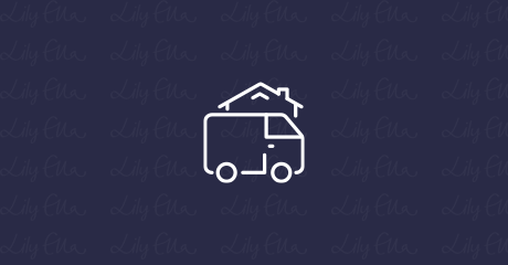 Lily Ella Collection logo with stylized house and shopping cart, brand pattern background in navy blue