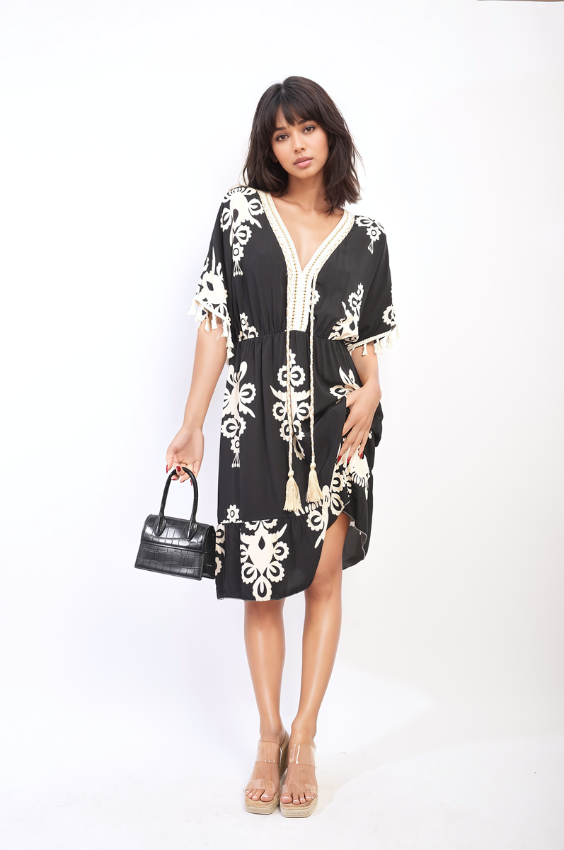 Printed V-Neck Short Sleeve Midi Dress with Tassel Detail-3