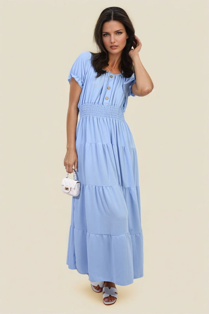 Smocked Waist Tiered Midi Dress-11