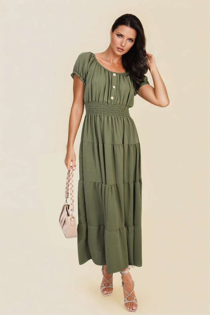 Smocked Waist Tiered Midi Dress-7