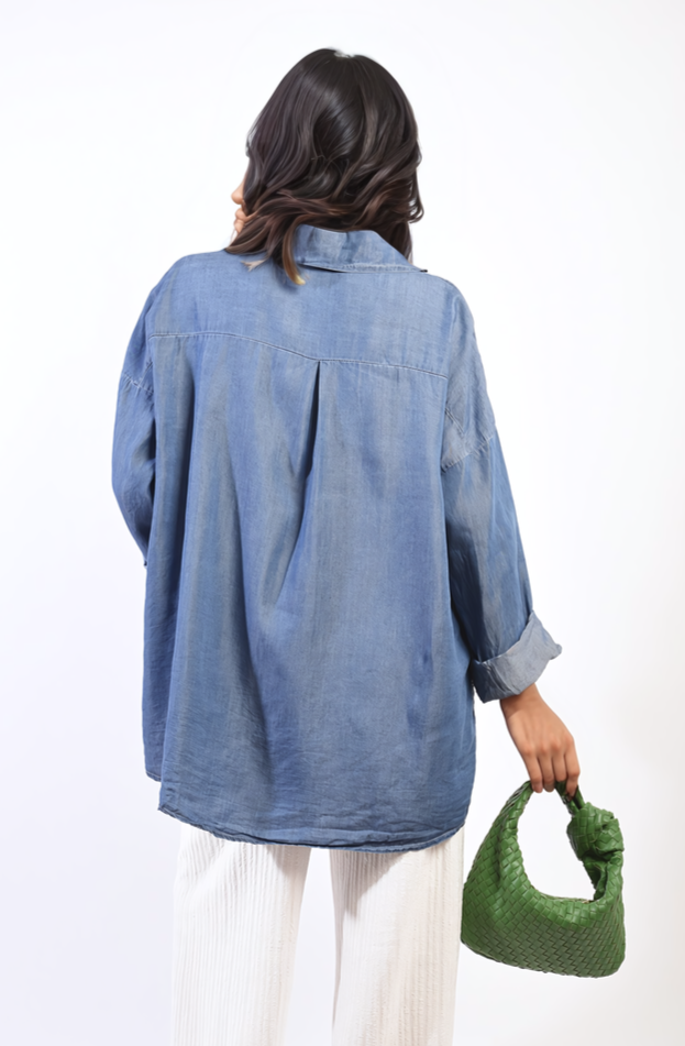 Collared Button Down Long Sleeve Loose Top with Front Pocket-0