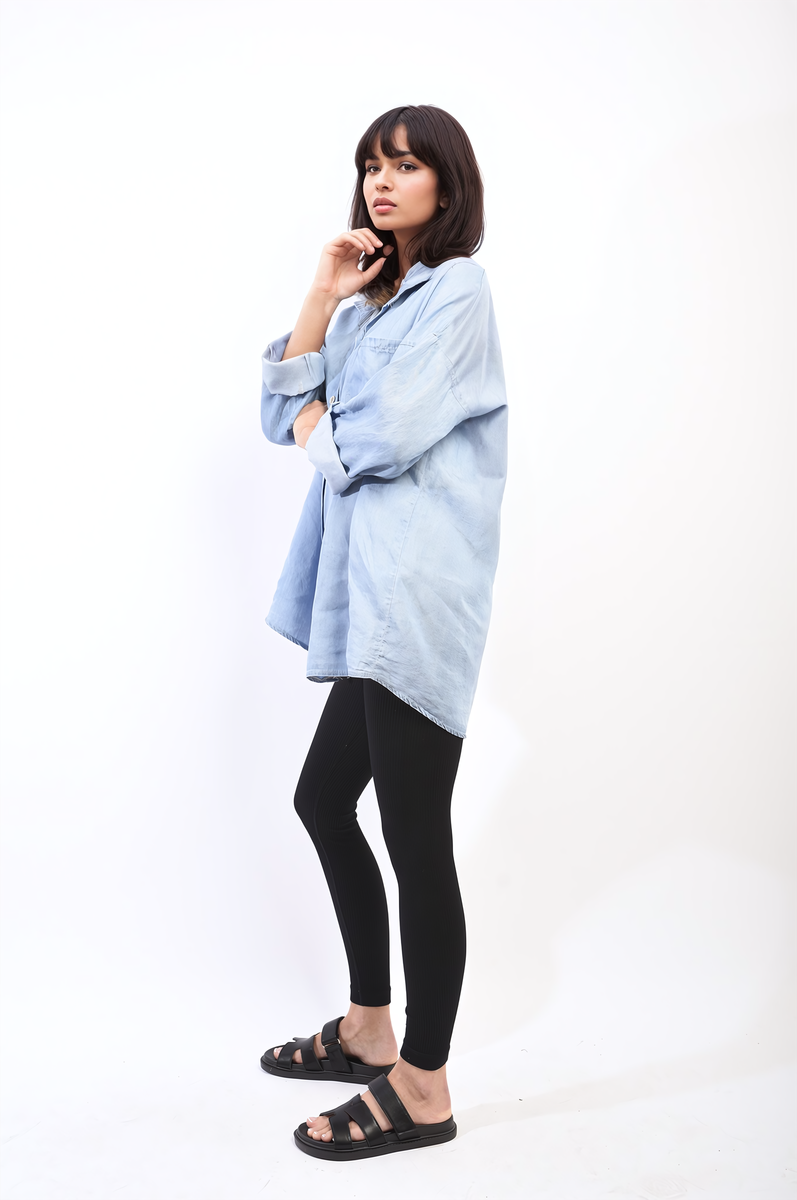 Collared Button Down Long Sleeve Loose Top with Front Pocket-4