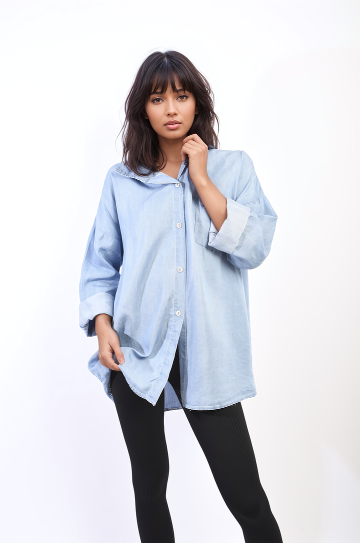 Collared Button Down Long Sleeve Loose Top with Front Pocket-2