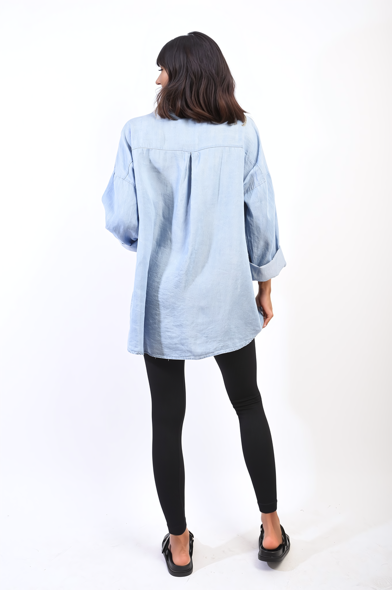 Collared Button Down Long Sleeve Loose Top with Front Pocket-3