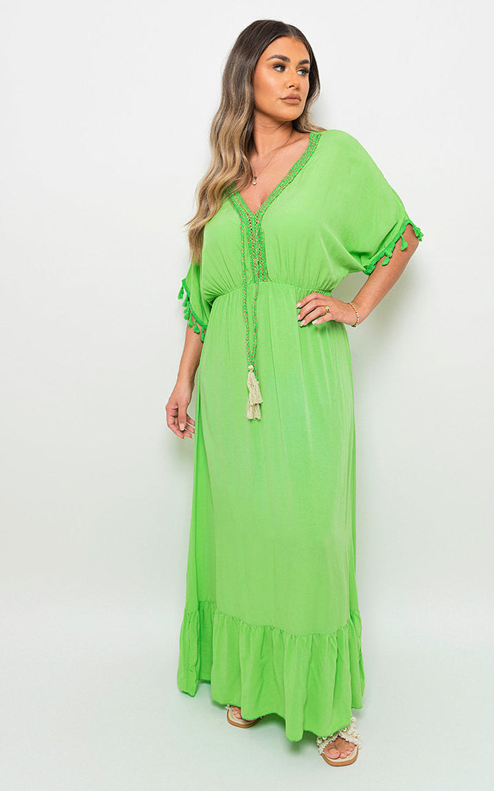 V-Neck Rope Tassel Detail Maxi Dress-3