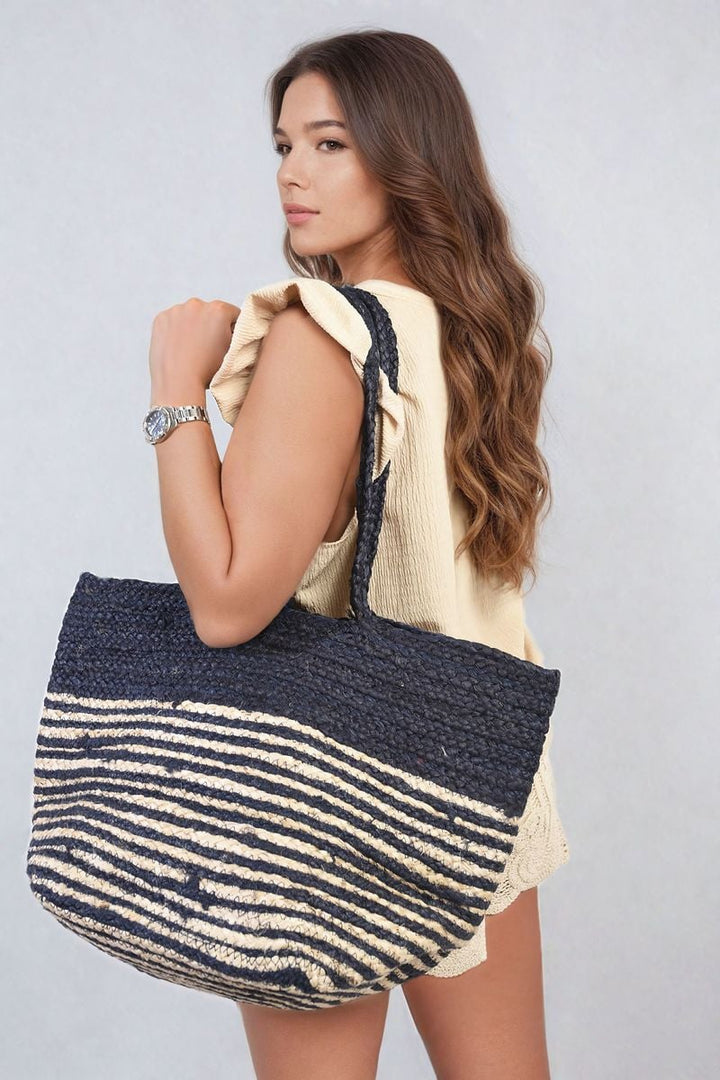 Striped Beach Braided Tote Bag-3