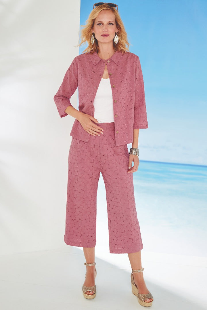 Lily Ella Collection pink broderie anglaise jacket and cropped trousers set for women, elegant casual summer outfit with white top and gold accessories.