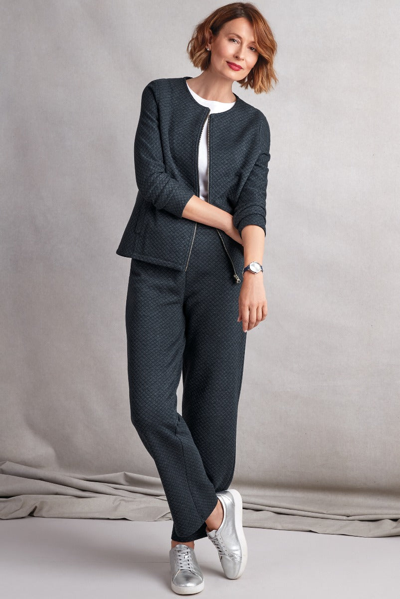 Lily Ella Collection elegant charcoal textured jacket and trousers set with a white blouse for women, stylish professional attire, versatile fashion, premium quality clothing.