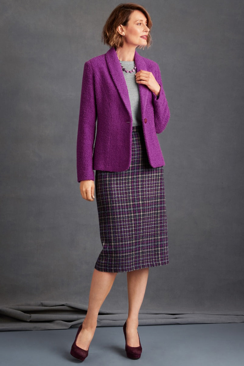 Lily Ella Collection elegant purple boucle jacket and plaid pencil skirt with grey top and burgundy heels, stylish women's autumn fashion.
