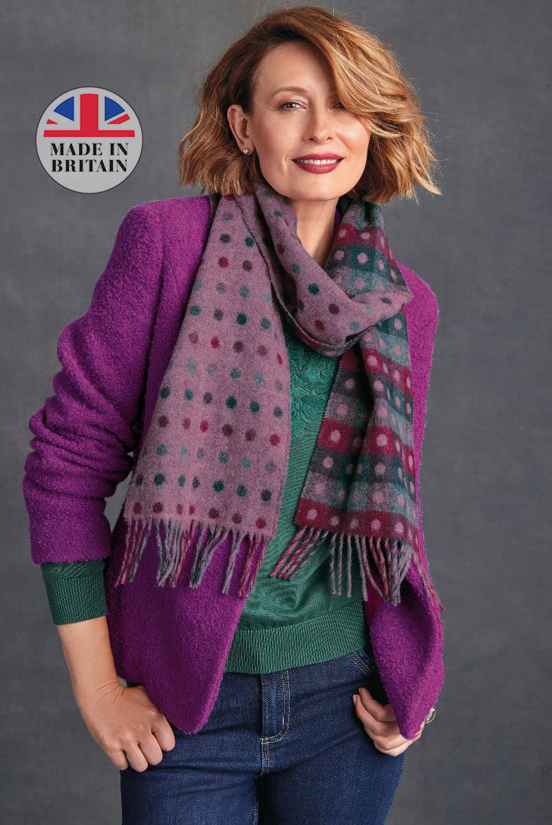Lily Ella Collection stylish purple cardigan and printed scarf, casual chic, Made in Britain, women's autumn fashion, model showcasing comfortable trendy outfit