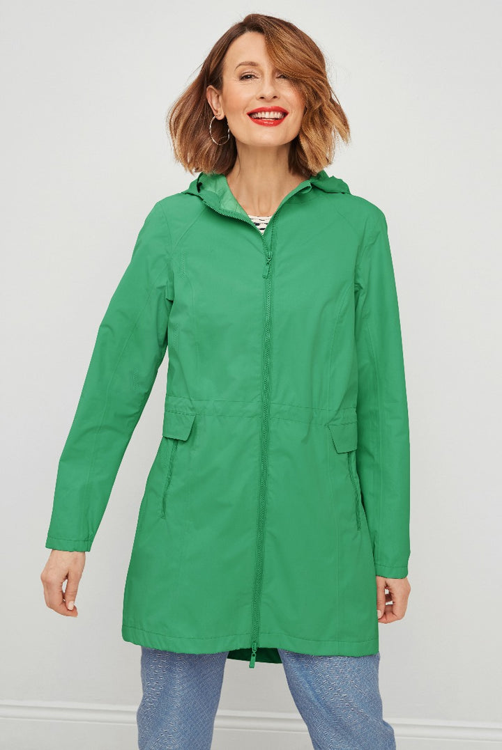 Lily Ella Collection green parka jacket for women, stylish lightweight coat with hood, elegant casual outerwear for spring.