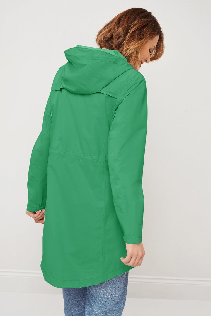 Lily Ella Collection green parka jacket, women's casual outerwear, stylish hooded coat, versatile fashion, rear view.