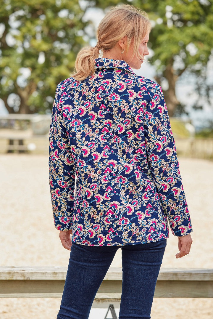 Lily Ella Collection Floral Patterned Blue Shirt for Women, Stylish Navy and Pink Print Blouse, Elegant Casual Wear, Rear View