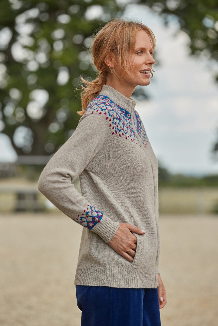 Lily Ella Collection taupe knit jumper with colorful embroidered yoke and navy skirt for women's casual autumn fashion.