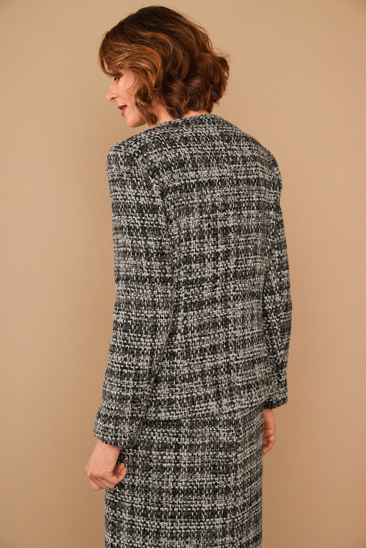 Lily Ella Collection elegant tweed jacket in black and white herringbone pattern, classic style, women's fashion outerwear.