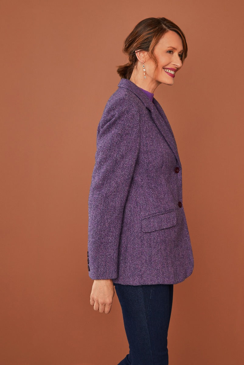 Lily Ella Collection purple herringbone blazer for women, stylish fitted jacket with button details, elegant autumn fashion outerwear, side profile view.