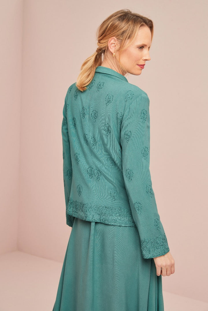 Lily Ella Collection teal embroidered jacket and dress set, elegant woman's formal wear with intricate floral detailing, stylish and sophisticated outfit for special occasions