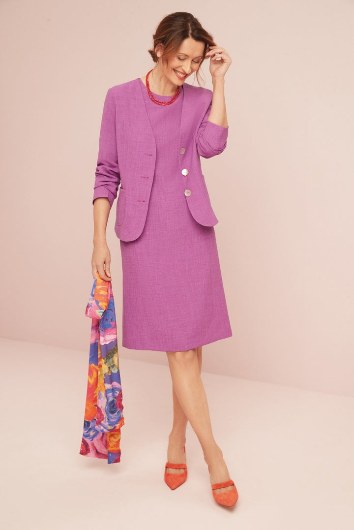 Lily Ella Collection elegant purple dress and jacket set with floral scarf and orange heels for sophisticated women's fashion.