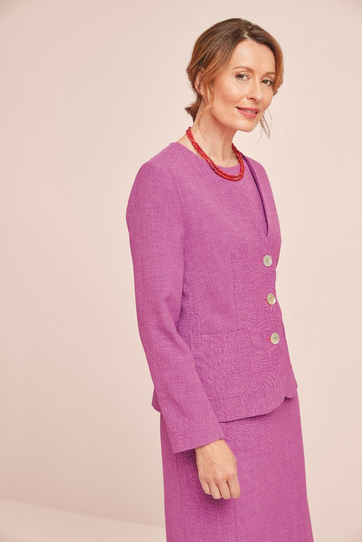Lily Ella Collection elegant purple linen blend jacket and skirt set for women, featuring classic three-button design, sophisticated tailoring, and vibrant color for spring fashion.