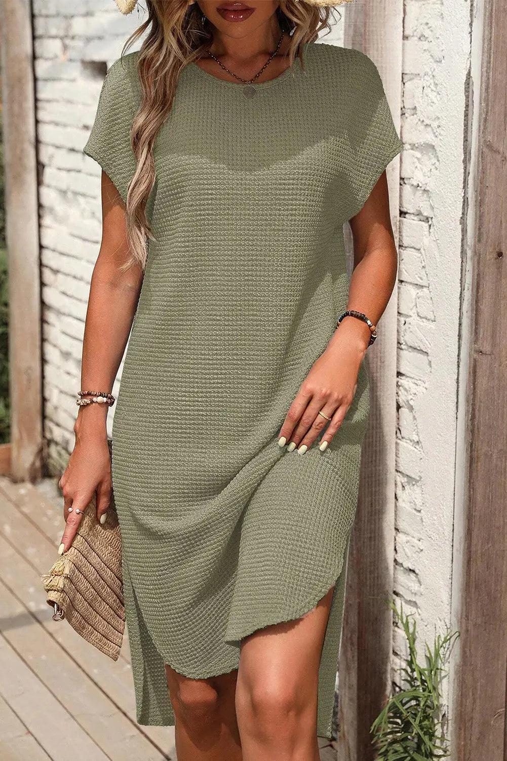 Jungle Green Waffle Texture Curved Hem Side Slit T-shirt Dress-0