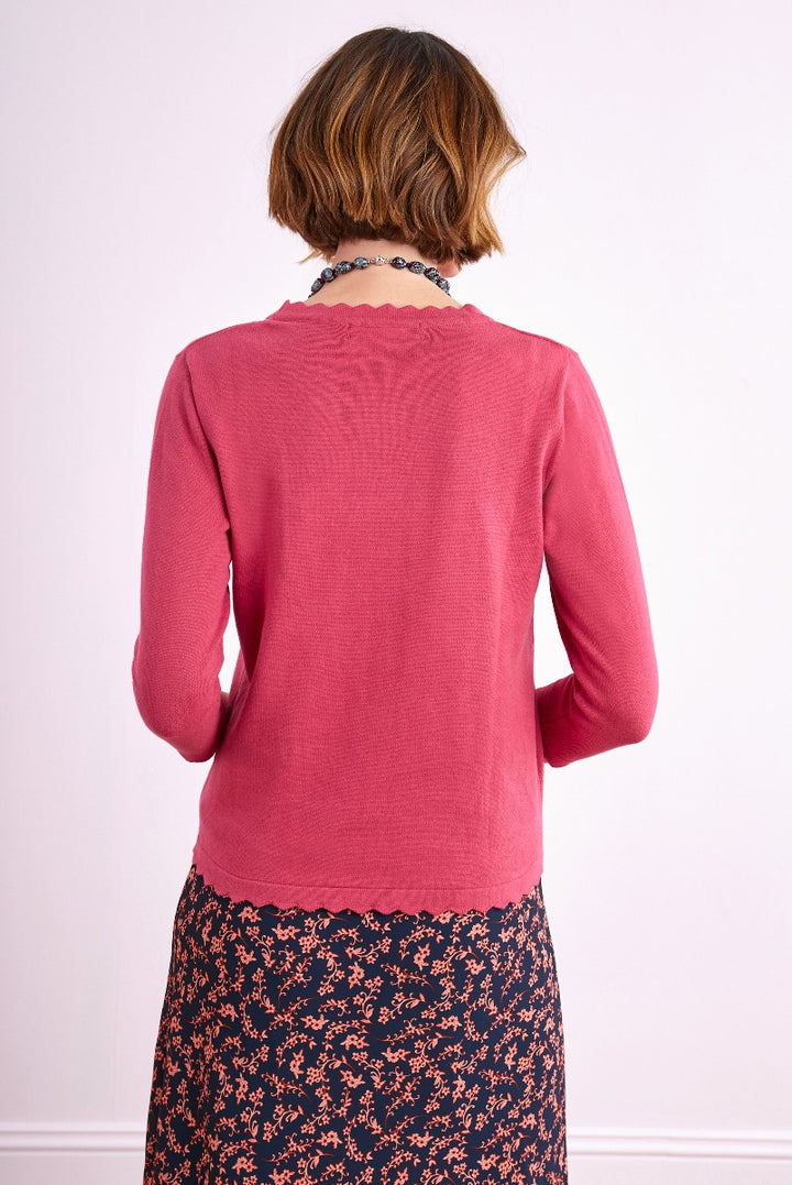 Lily Ella Collection coral pink sweater with delicate lace detail, paired with floral patterned skirt, stylish women's fashion and chic casual wear