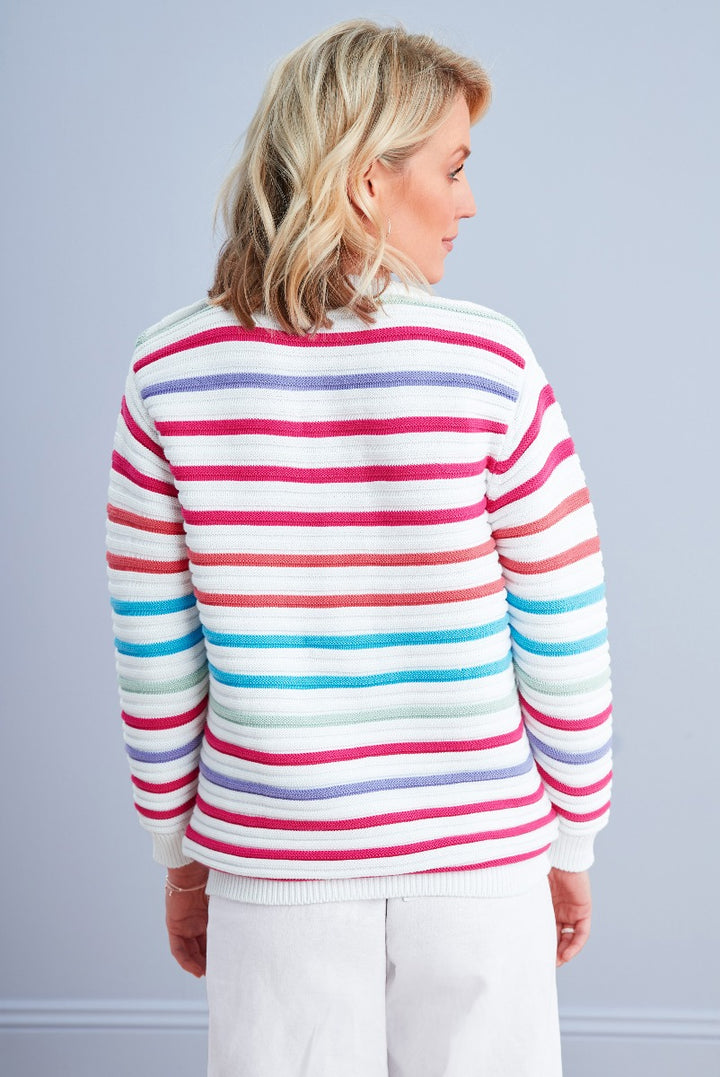 Lily Ella Collection multi-coloured striped jumper, women's fashion, comfortable casual knitwear, vibrant pink, blue, white, and red horizontal stripes, stylish rear view of a ladies' sweater, pairing with white trousers.