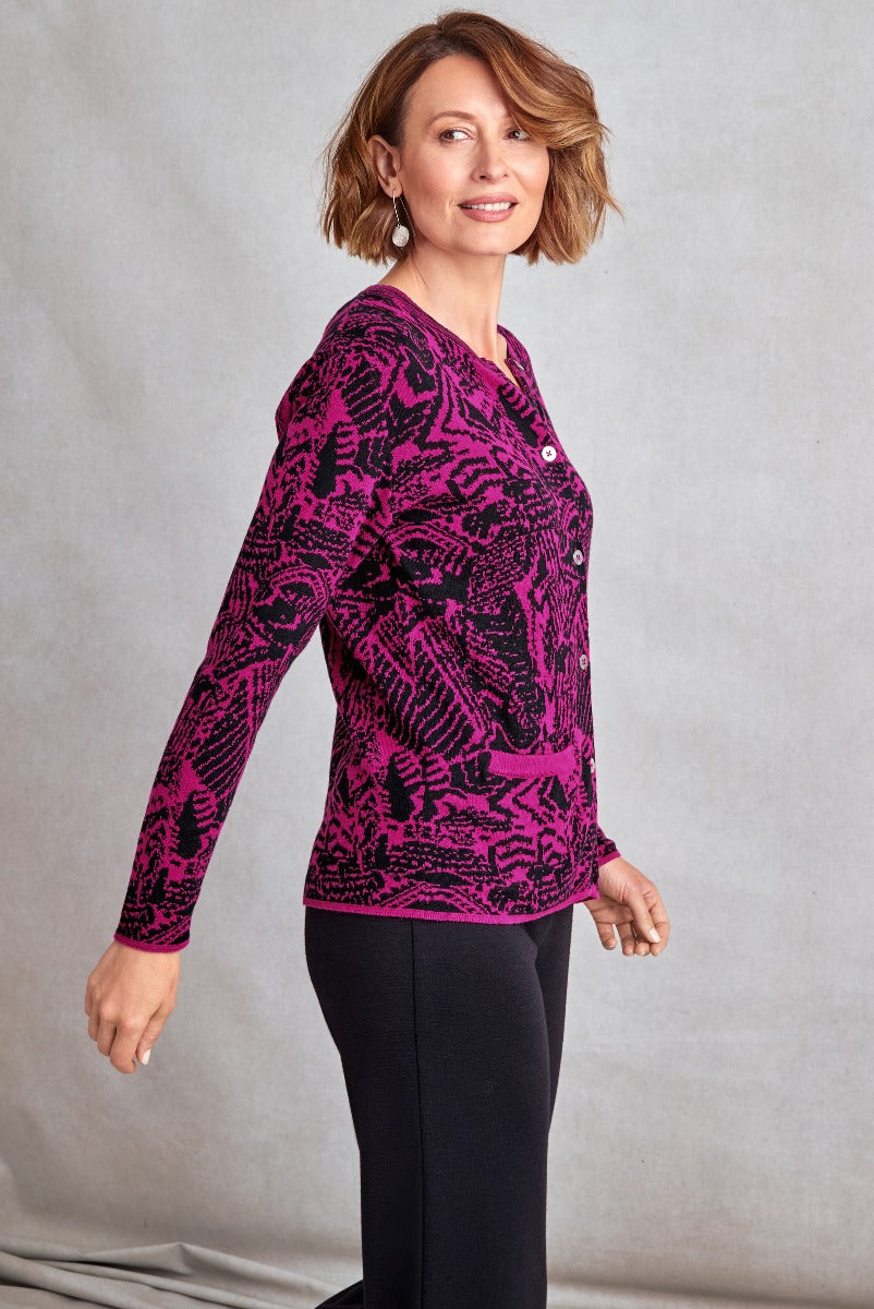 Lily Ella Collection elegant fuchsia and black patterned cardigan, stylish women's knitwear, comfortable chic long-sleeve design