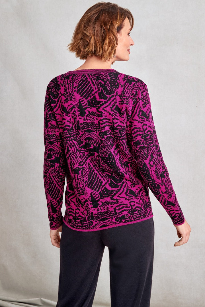 Lily Ella Collection vibrant pink and black patterned knit jumper, stylish long sleeve women's top, fashion-forward clothing, comfortable chic wear for modern women